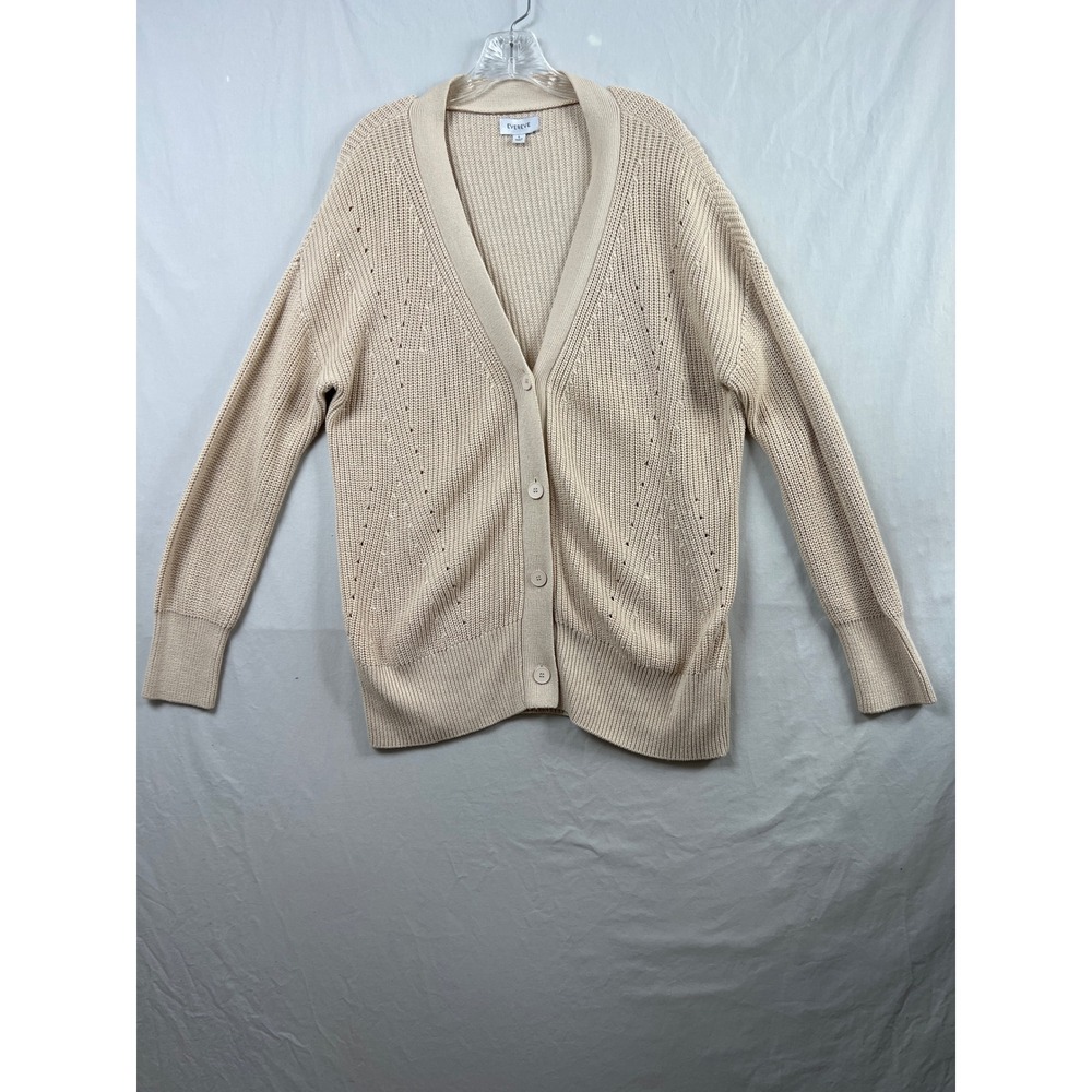 Evereve Cardigan Sweater Women Large Beige Pointelle V-Neck Button Front